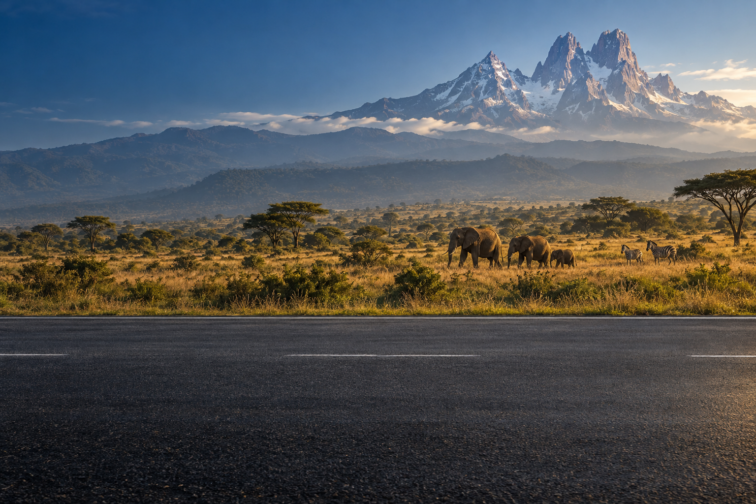 East African mountain landscape with elephants and zebras